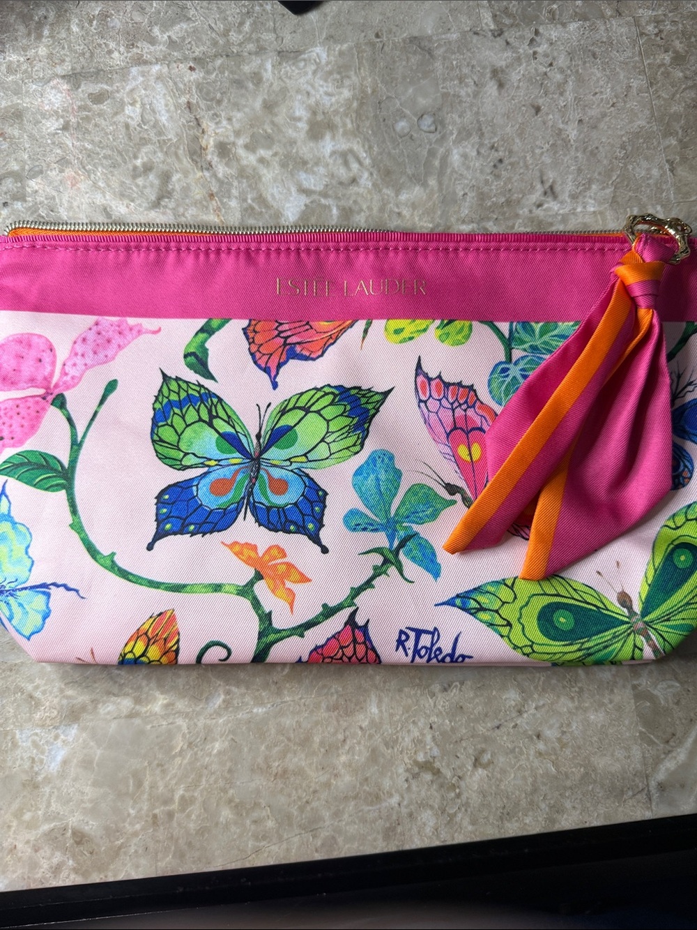Estee Lauder Pink Butterfly Print Cosmetic Clutch with Tassel